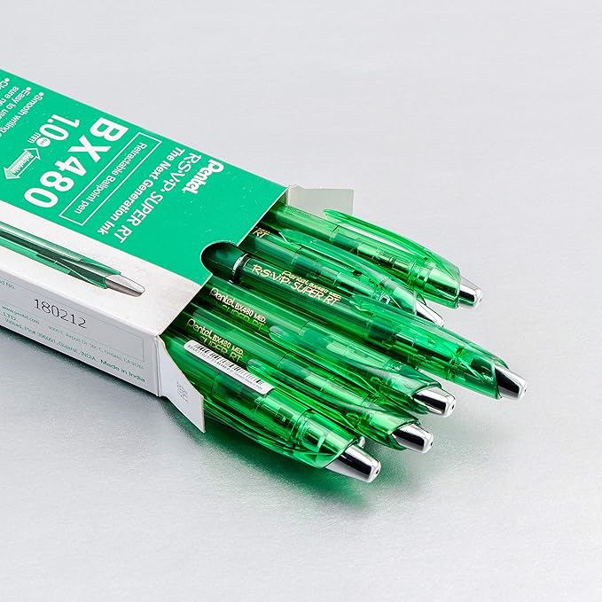 Pentel RSVP Super RT Ballpoint Pen, (1.0mm) Medium Line, Green Ink, Box of 12, (BX480-D)