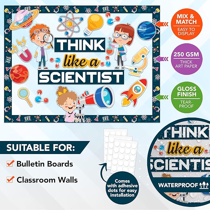 Decorably 48 Pcs Cutouts Science Bulletin Board Decorations Set with Borders - Education Learning Decor for Classroom Walls, Hallways, School, Homeschool
