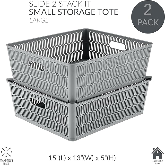 Simplify 4Pk Shallow Slide 2 Stack It Tote Basket | Storage & Organization | Open Bins with Stackable Capability | Bathroom | Crafts | Pantry | Playroom | Office | Grey (KIT-25933-GREY-4PK)