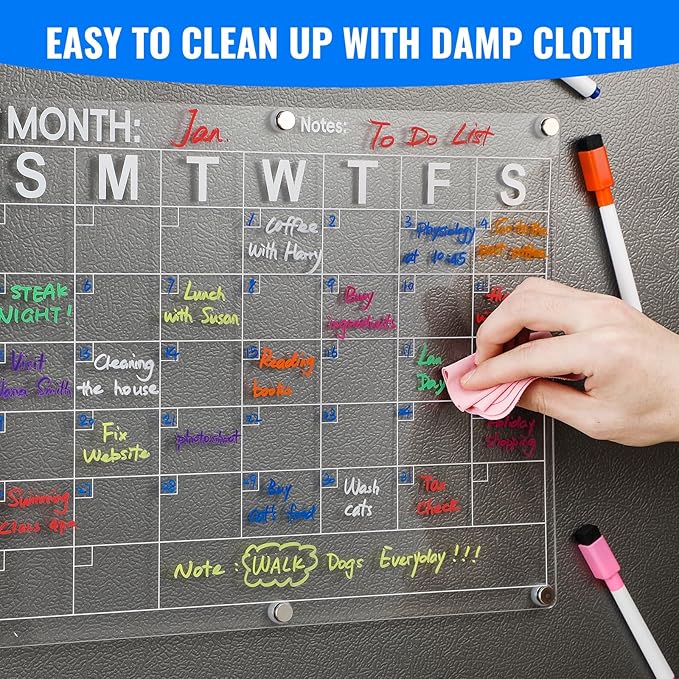 Large Acrylic Magnetic Calendar for Refrigerator, Clear Fridge Calendar with 8 Color Markers, Monthly Planning Board for Business Meetings/Anniversary/Shopping List, Dry Erase - 14.5 * 11.5''