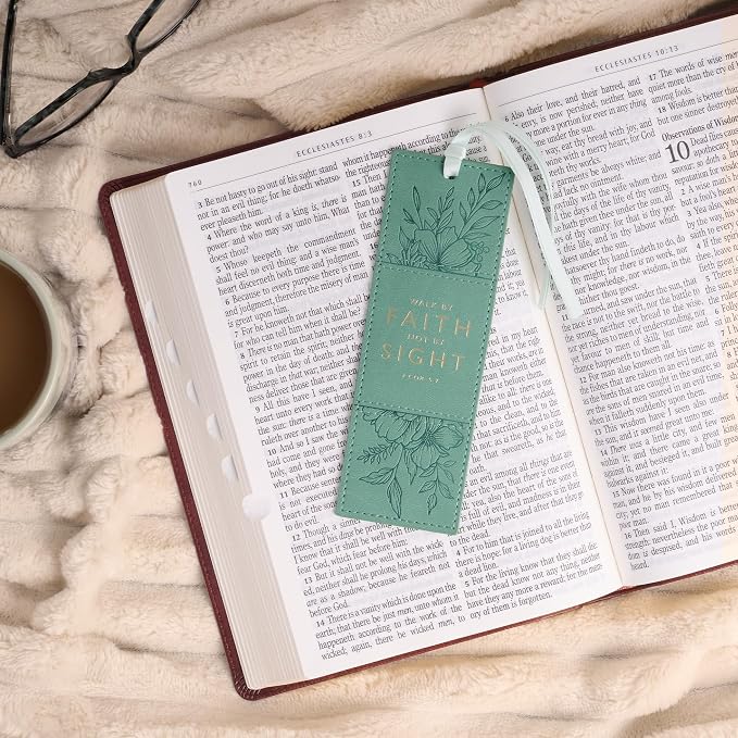 Christian Art Gifts Premium Vegan Leather Encouraging Scripture Bookmark for Women: Walk by Faith Inspirational Bible Verse, Smooth Satin Ribbon, Sturdy Debossed Floral Reading Accessory, Teal & Gold