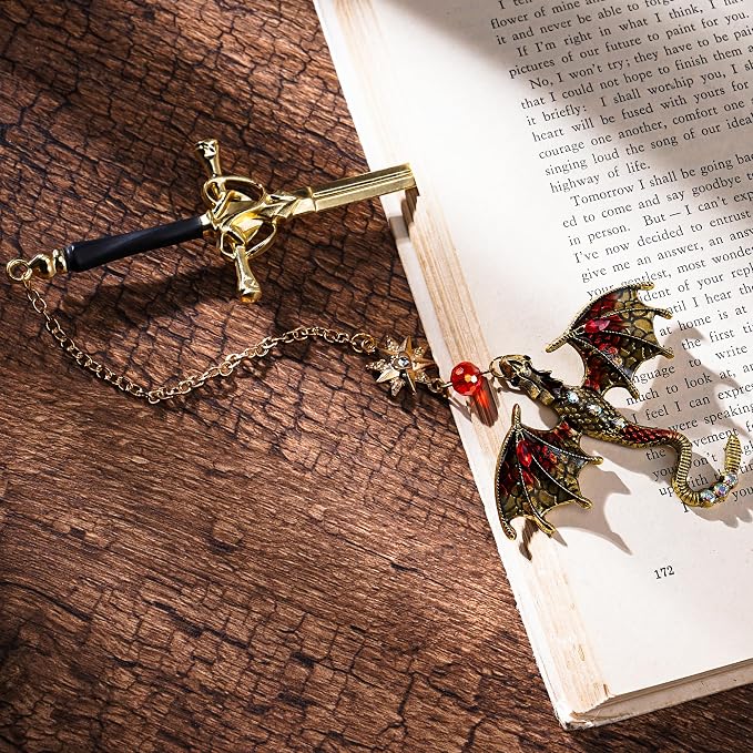 Dragon Sword Metal Bookmarks - 2 PCs Fantasy Book Marks Gifts for Reading Cool Red Green Page Makers Merch for Men Boys Kids Novel Fans Lovers Readers Bookish Birthday School Accessories