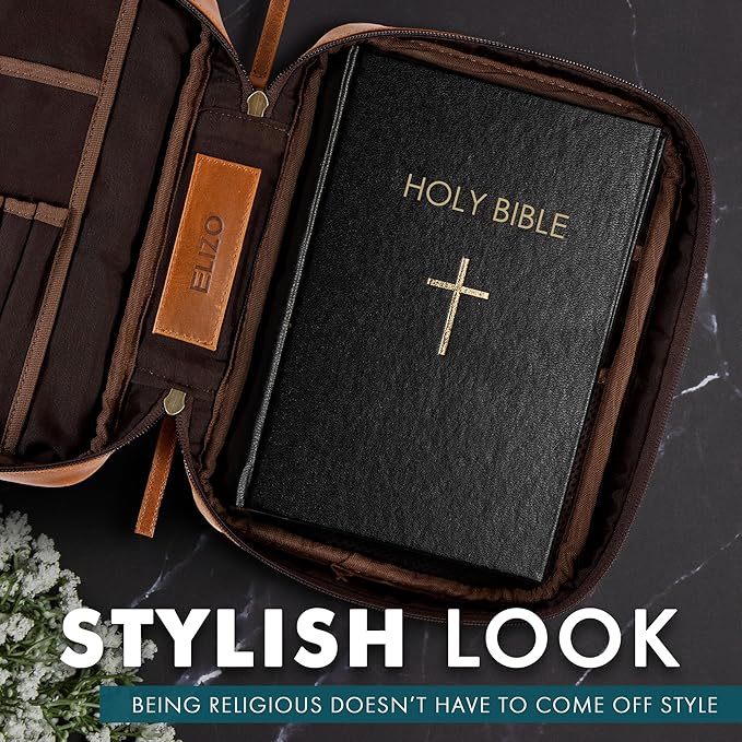 ELIZO Leather Bible Cover for Men Bible Case Women Holder Carrying Organizer Wrap Sleeve Protector Christian Religious Gift Cross Bookmark – Study Cognac