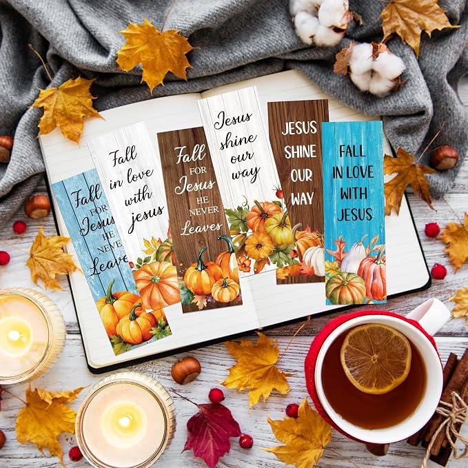 TICIAGA Fall Pumpkin Bible Bookmarks - 60Pcs Fall for Jesus He Never Leaves Religious Bible Verse Bookmarks, Autumn Pumpkins Page Marker for Book Lovers, Christian Church Giveaways for Sunday School