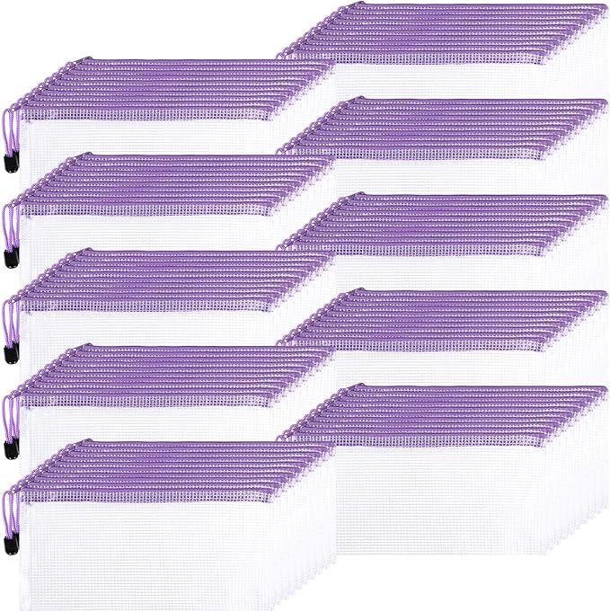 Sherr 120 Pcs Mesh Zipper Pouch A6 Pencil Pouches Bulk Small Clear Mesh Bags with Zipper 9.45'' x 4.53'' Waterproof File Bag Pencil Case for School Office Travel Organization(Purple)