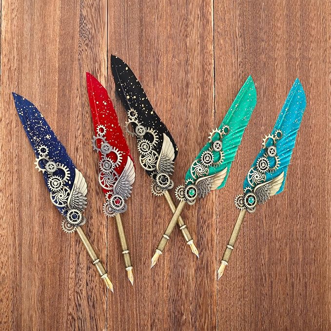 NC Quill Pen Ink Set, Feather Pen Includes 5 Bottles Ink and 6 Replaceable Stainless Steel Nibs, Mechanical Quill Calligraphy Pen for Writing, Letters, Invitations (Green)