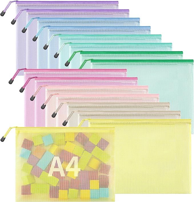 JARLINK 16pcs Mesh Zipper Pouch for Organizing, A4 Size Waterproof Zipper Storage Bags, 8 Colors Plastic File Pouch, Multipurpose for Travel, School, Board Game, Puzzles, Office, and Home Organize