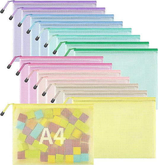 JARLINK 16pcs Mesh Zipper Pouch for Organizing, A4 Size Waterproof Zipper Storage Bags, 8 Colors Plastic File Pouch, Multipurpose for Travel, School, Board Game, Puzzles, Office, and Home Organize