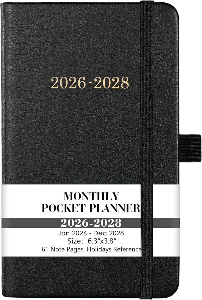 Pocket Planner/Calendar 2026-2028 - 3 Year Monthly Planner 2026-2028, Jan. 2026 - Dec. 2028(36 Months), 6.2" x 3.8", Pocket Planner with 60 Note Pages, Pen Holder, Back Pocket - Black