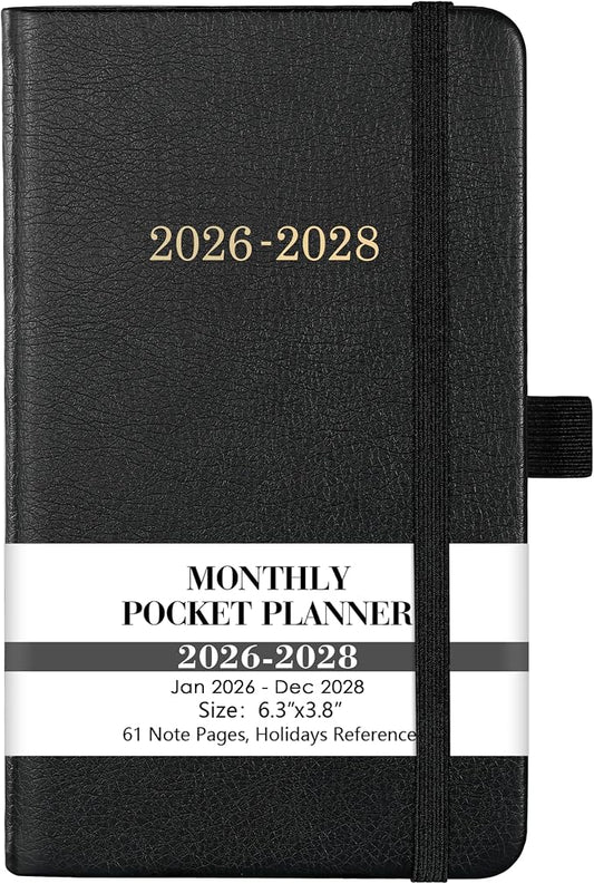 Pocket Planner/Calendar 2026-2028 - 3 Year Monthly Planner 2026-2028, Jan. 2026 - Dec. 2028(36 Months), 6.2" x 3.8", Pocket Planner with 60 Note Pages, Pen Holder, Back Pocket - Black