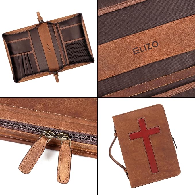 ELIZO Leather Bible Cover Bible Case for Men Women Genuine Leather Bible Bag Holder Cross Large Carrying with Zipper Case Protector Christian Religious Gifts for Mens Pioneer (Saddle Red/Small)