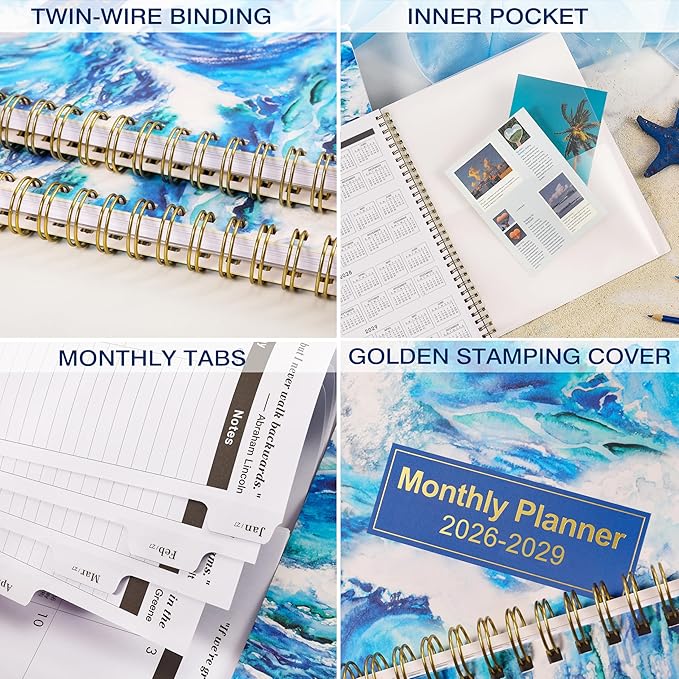 2026-2029 Monthly Planner/Calendar - Jul 2026 - Jun 2029, 3 Year Monthly Planner (36 Months) with Tabs ＆ Two-Side Pockets, 9" x 11", Twin-Wire Binding, Celebrity Quotes, Great for Long-Term Planning