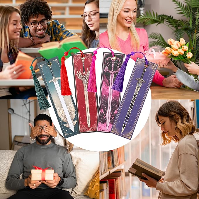 Fantasy Sword Bookmark Gifts - 4 Pcs Cool Vintage Bookmarks with Tassels Paper Anime Book Marks Office Home Supplies Gift for Reading Lovers Novel Fans Writers Kids Men Teacher Students Reader