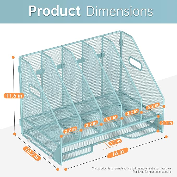Docnest Desk File Holder Sorter, 5 Vertical Compartments Rack with Letter Tray, Mesh Magazine File Holder with Handle,Workspace Organizers,Desk Organizers for Paper, Mail, Documents-Blue