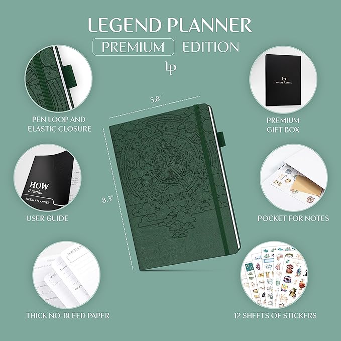 Legend Weekly Planner Premium – Undated Weekly, Monthly & Budget Planner – Life Organizer for Time Management & Productivity, A5 (Black)