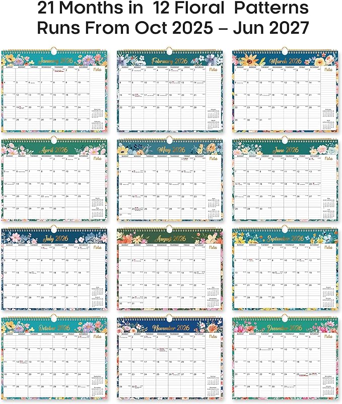 Calendar 2026-2027, Monthly Wall Calendar Runs Until June 2027, 11.5" x 14.8", Spiral Binding Hanging Wall Calendar, Perfect for Home or Office,Floral