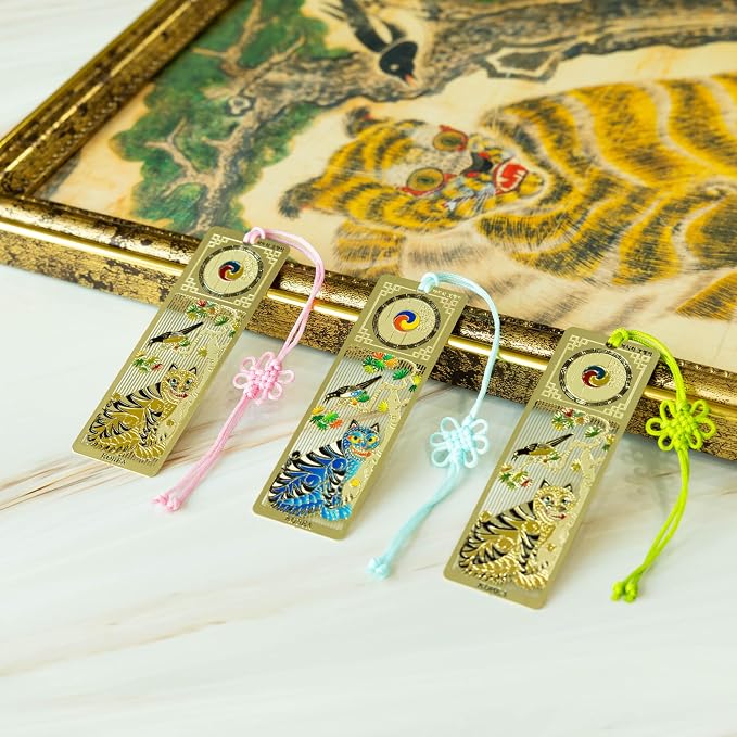 Korean Tiger Bookmark Set 3 Pack with Tassels Blue and Gold Metal Page Holder Reading Accessories for Book Lovers Cute Bible Bookmark Gift 1x3 Inch (Gold Tiger)