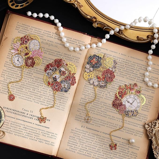 4pcs Vintage Metal Bookmark with Pendant Chain, Retro Steampunk Bookmarks, Flower & Clock Book Marks for Reading Women, Men, Kids, Book Lover, Teachers, Students