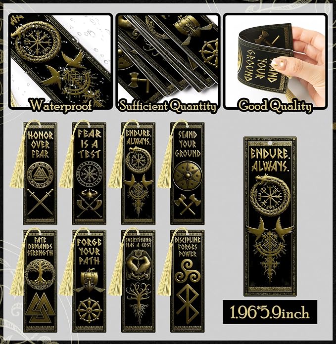 8Pcs Nordic Vikings Bookmarks for Men, Motivational Celtic Valknut Yggdrasil Compass Totem PVC Book Page Marker with Tassels Norse Mythology Party Favors Gift for Reading Lover Office School Classroom