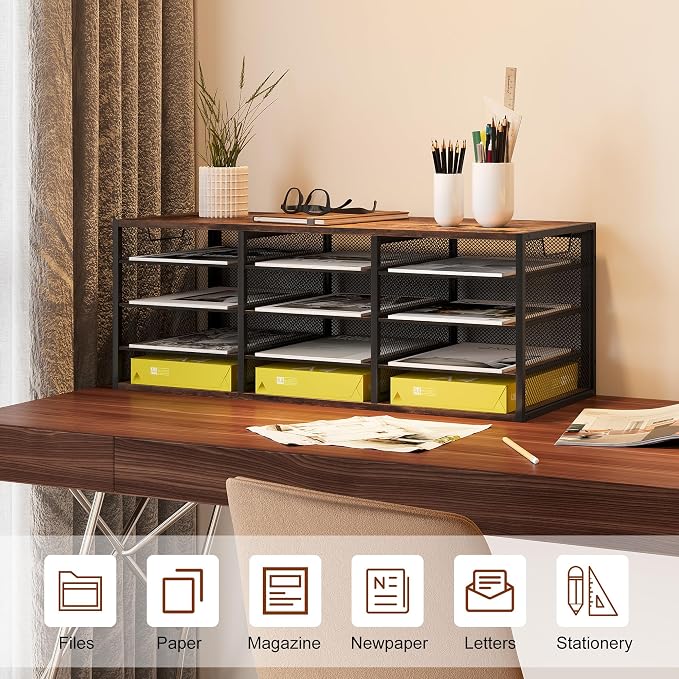 TQVAI 12 Compartments Desktop Literature Organizer, Metal Frame Paper Sorter with Handles, Heavy Duty Mailbox for Classroom and Office, Wood File Organizer for Document, Bill, Magazine, Antique Brown