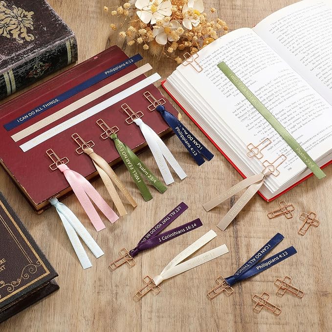 Resurhang 80 Pack Heart Cross Paper Clips with Ribbons 40 Rose Gold Bible Paper Clips 40 Christian Bookmark Ribbons Bible Study Journaling Supplies Easter Eggs Fillers Women Christian Gifts