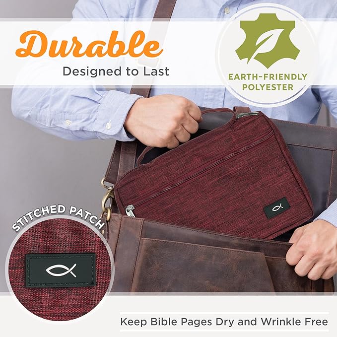 Christian Art Gifts Polyester Bible Cover for Men & Women w/Jesus Fish Patch, Secure Zipper Pocket, Pen Loops, Easy Carry Stationery Book Case, Accessories, Burgundy, XL