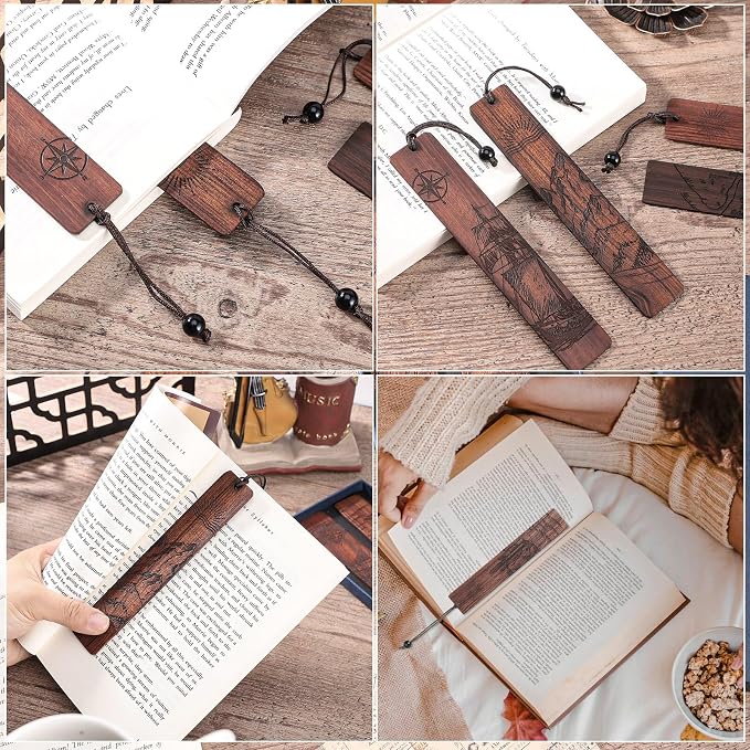 4Pcs Wood Bookmark for Men Father's Day, Adventure Wooden Carving Book Mark Vintage Bookmark for Men Boy Book Lovers Birthday Present Students Teachers Appreciation