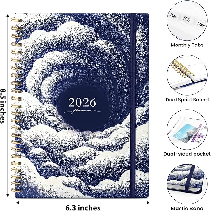2026 Planner, Weekly and Monthly Planner for Women, January 2026 - December 2026, Hardcover 2026 Calendar Planner Book with Tabs, Inner Pocket, Spiral Bound, Perfect for Office Home School Supplies - A5 (6.3" x 8.5"), Cloud Vortex