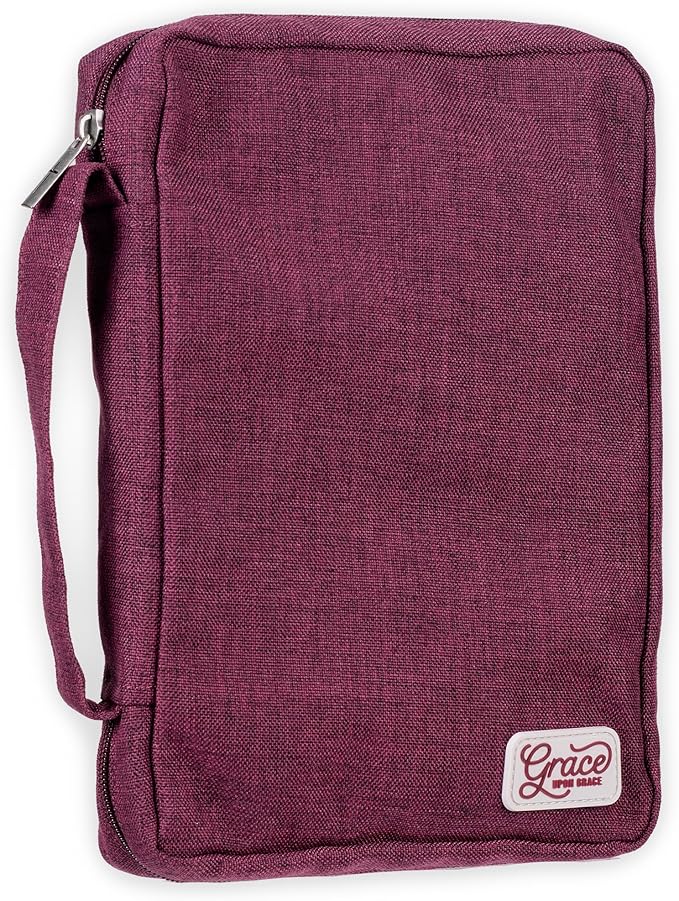 Christian Art Gifts Value Poly-Canvas Bible Cover Case for Women: Grace Upon Grace - John 1:16 Inspirational Scripture w/White Rubber Badge, Pocket, Pen Loops to Organize Accessories, Plum, Large