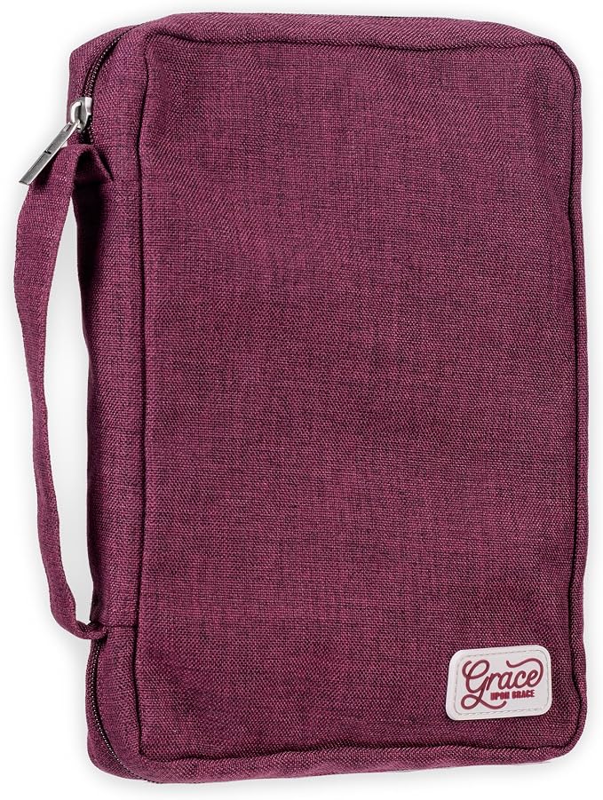 Christian Art Gifts Value Poly-Canvas Bible Cover Case for Women: Grace Upon Grace - John 1:16 Inspirational Scripture w/White Rubber Badge, Pocket, Pen Loops to Organize Accessories, Plum, Large