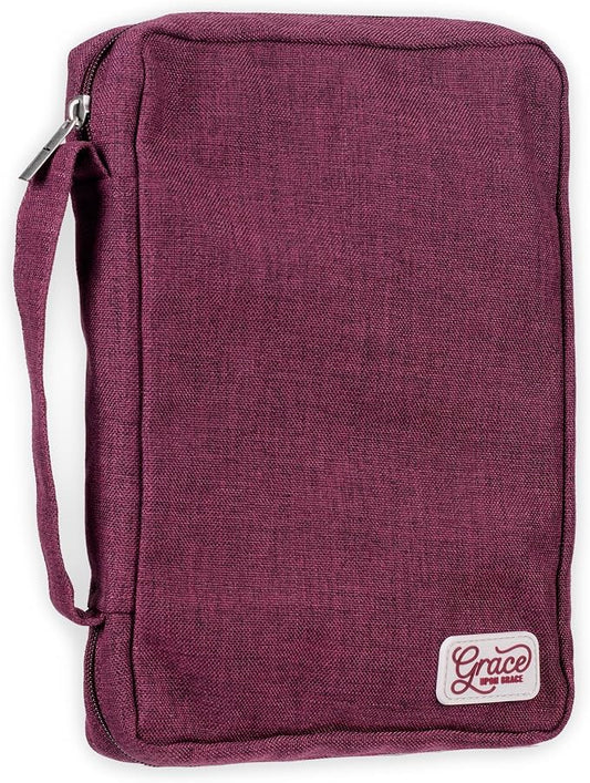 Christian Art Gifts Value Poly-Canvas Bible Cover Case for Women: Grace Upon Grace - John 1:16 Inspirational Scripture w/White Rubber Badge, Pocket, Pen Loops to Organize Accessories, Plum, Large