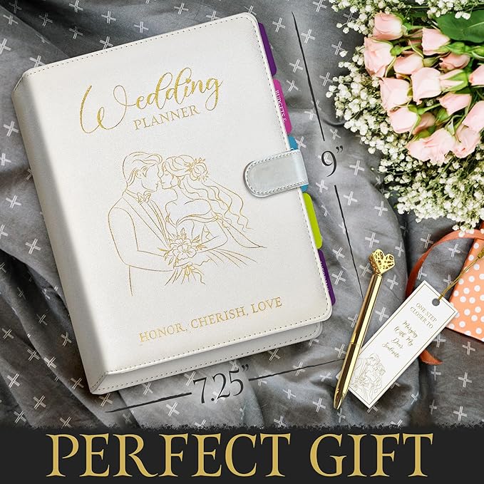 Future Mrs. Wedding Planner Book – White PU Leather with Gold Stamped Cover – Includes Gold Heart Pen & Bookmark – 7.25” x 9” Bridal Organizer for Budget, Guests, Vendors, Honeymoon & Wedding Day