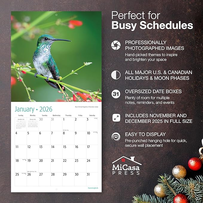 MICASA PRESS Hummingbirds 2026 Wall Calendar 12 Month | 12" x 24" Open | Thick & Sturdy Paper | Giftable | Bird Calendar 2026