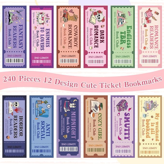 Laffact 240Pcs Funny Book Club Ticket Bookmark, Cowboy Romance Reading Tracker, Dark Romance Horror Anti Social Fantasy Readers Accessories Supplies Bookish Gifts Page Clip for Women Men Book Lover