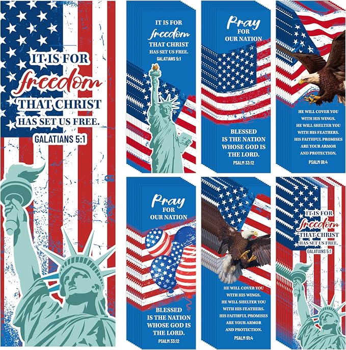 TICIAGA 250th Anniversary American Flag Bible Verses Bookmarks - 60PCS Independence Day USA Stars and Stripes Prayer Bookmark for Kid Psalm 33:12 Religious Christian Church Giveaways for Sunday School