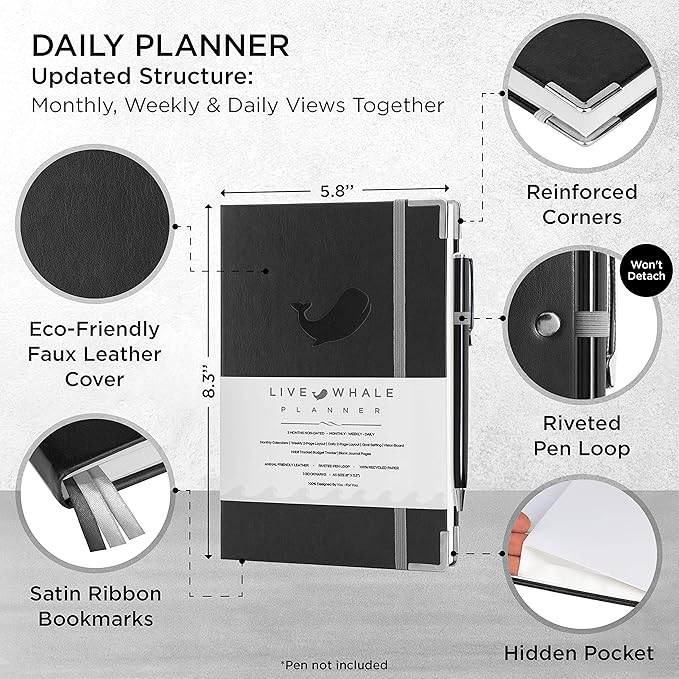 Closeout Edition Live Whale - Daily Planner & Mindfulness Journal - Personal Organizer | Focus Planner with Time Tracker & Goal Setter Journal- Black