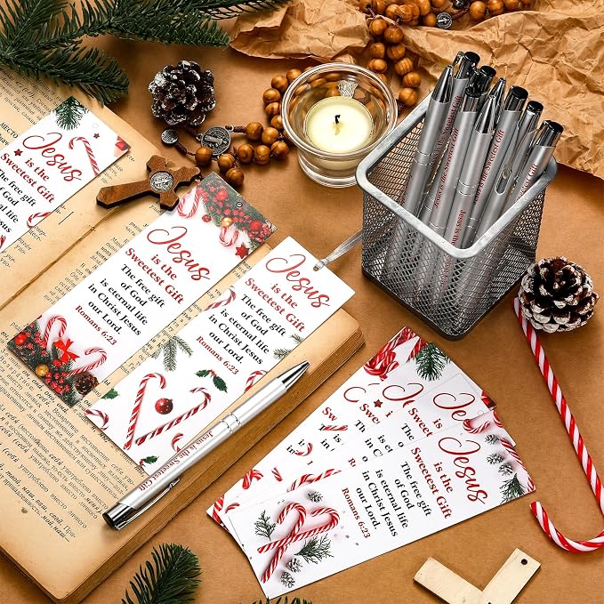 Dispowreath 24 Pcs/12 Sets Jesus is the Sweetest Gift, Include 12 Xmas Romans 6: 23 Bookmark 12 Bible Verse Ballpoint Pen for Christmas Church Prizes Party Favors