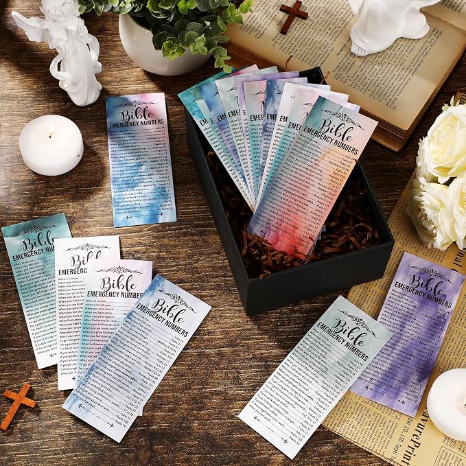 Motiskyy 100 Pcs Christian Bible Verse Emergency Numbers Bookmark Christian Church Gift 2.36 x 6'' Religious Books of The Bible Bookmark for Women Men Catholic Retreat Sunday School(Colorful)