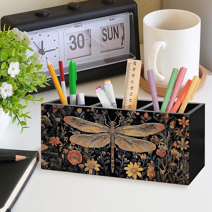 Dark Academia Dragonfly Floral Pen Holder, Vintage Moody Office Pen Pencil Holder Organizer for Desk Accessories, Whimsical Insect Wooden Box Desk Decor for Home Office Desk Decorations