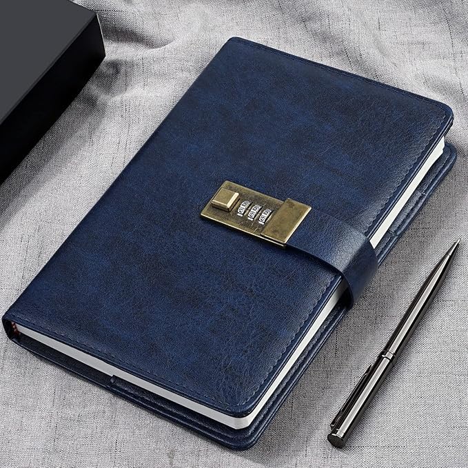 WEMATE Diary with Lock, A5 PU Leather Journal with Lock 240 Pages, Vintage Lock Journal Password Protected Notebook with Pen & Gift Box, Lock Diary Planner Organizer for Men and Women, 8.6x5.8in