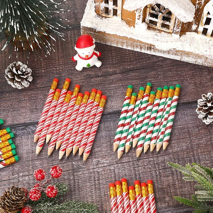 JarThenaAMCS 50Pcs Christmas Short Pencil with Eraser 4 in Red Green Stripe Writing Pencil Wood Xmas Winter Half Pencils for Classroom Office Stationery Gift