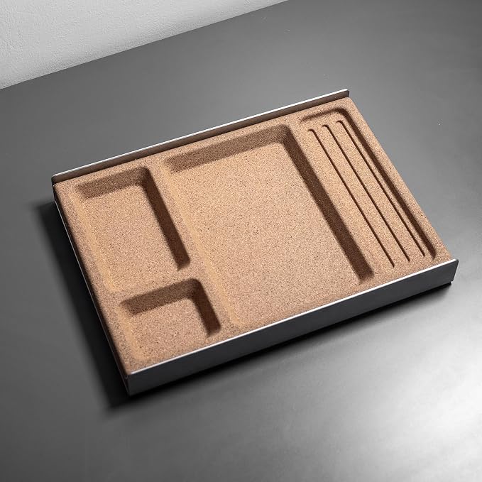 Desk Tray Organiser Drawer with Compartments Cork & Aluminium Catchall Valet Pen Tray for Cockpit Setup Desktop Storage Stationery Organizer (Light)