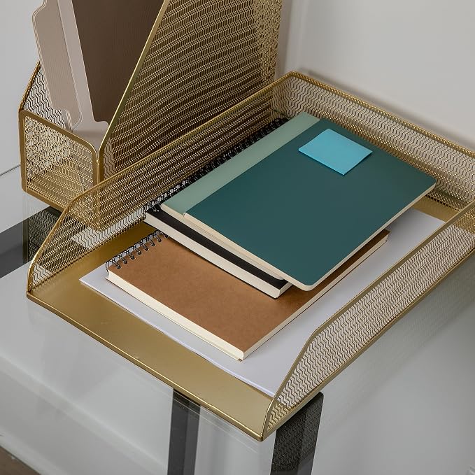 Martha Stewart Ryder 2 Pack Gold Mesh Metal Paper Letter Inbox Tray Desktop Organizer