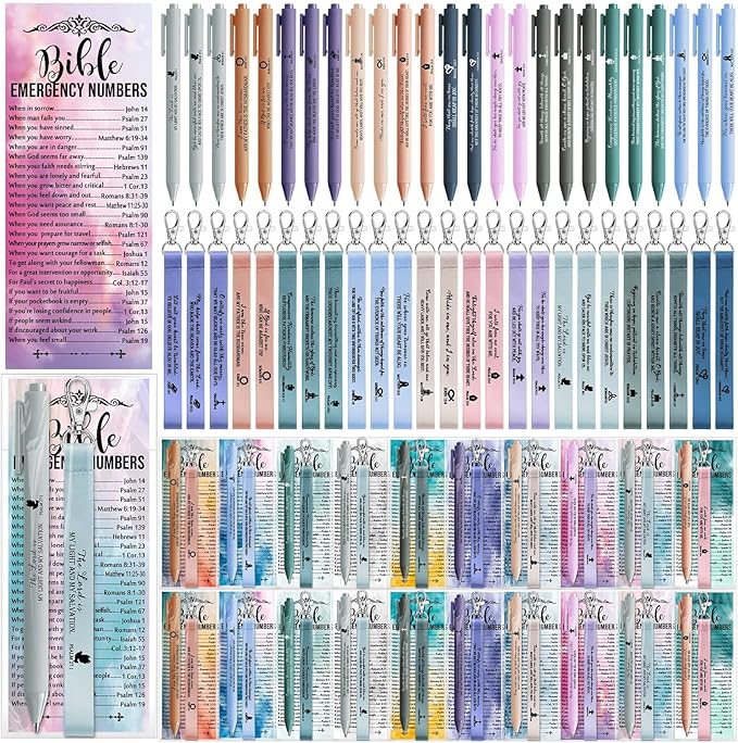 Sinload 50 Set Christian Gift Bulk Bible Emergency Numbers Bookmark with Silicone Keychains Scripture Quote Pen Religious Study Supplies for Father Day Church Bible Study Group (Watercolor)