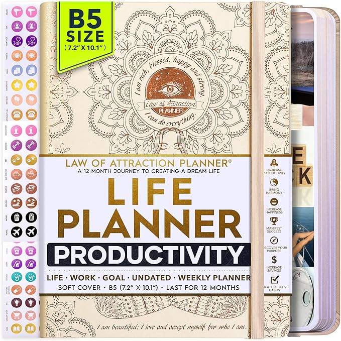 Deluxe Weekly and Monthly Planner | Law of Attraction Planner with Productivity App | 12-Month for Productivity, Gratitude & Goal Setting | Includes Foldable Vision Board, Gift Box & Stickers