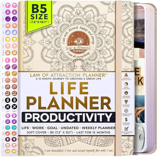 Deluxe Weekly and Monthly Planner | Law of Attraction Planner with Productivity App | 12-Month for Productivity, Gratitude & Goal Setting | Includes Foldable Vision Board, Gift Box & Stickers