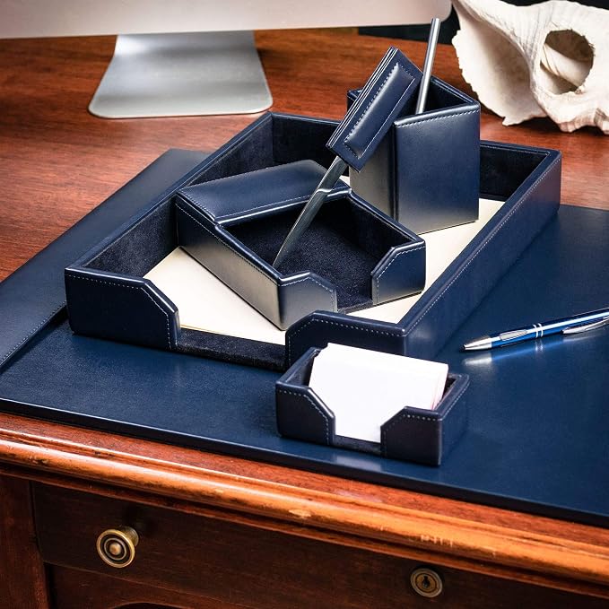 DACASSO Bonded Leather Desk Set - Luxury Leather Desk Pad & Desk Organization Essentials (Navy Blue, 6 Piece)
