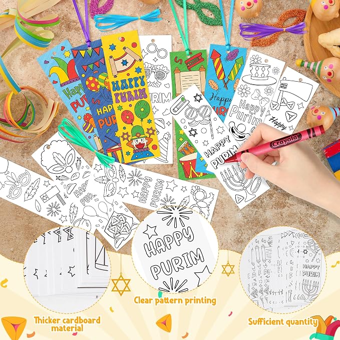 ANGOLIO Purim Color Your Own Bookmarks - 123Pcs Happy Purim Paper Bookmarks Mask Clown DIY Coloring Blank Reading Page Holder for Jewish Holiday Carnival Sunday School Classroom Party Goodie Fillers