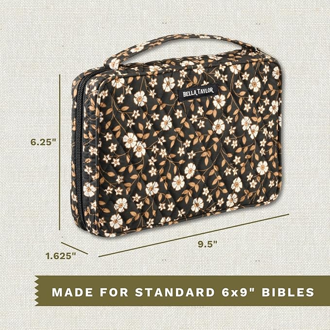 Bella Taylor Small Bible Cover for Women - Quilted Cotton Bible Case for 6 x 9 inch Books - Vintage Vine Midnight