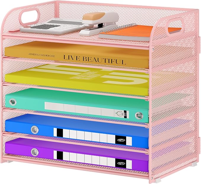 Cawukege 6 Tier Paper Organizer, Pink Letter Tray with Handle, Mesh Desk Organizer, Metal File Organizer, Office Desk Accessories for Home, Office, Classroom, School
